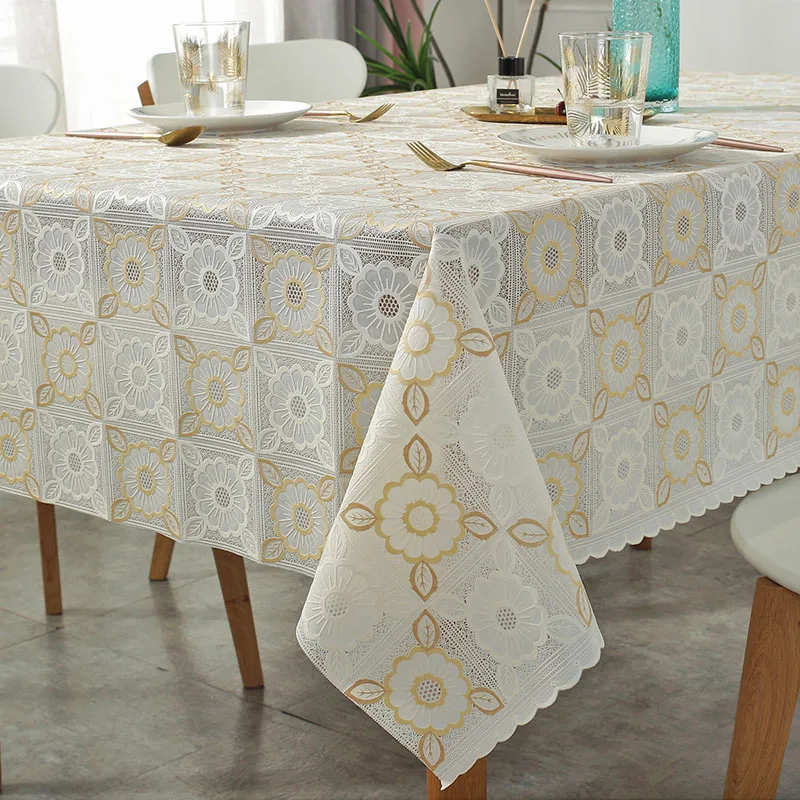 PVC Lace Tablecloth Waterproof Washable and Erasable Table Linen Tea Table Cloth Rectangular Table Cover Beige Color