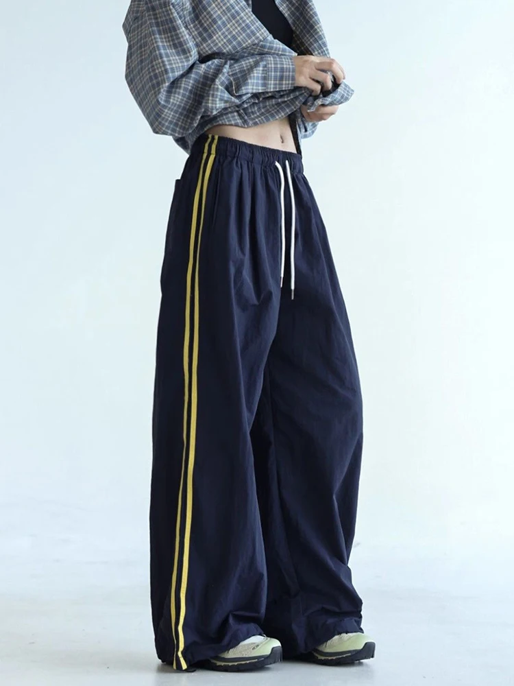 Zoki vintage listrado sweatpants feminino y2k harajuku calças de perna larga americano streetwear cintura alta solta bf hip hop novo