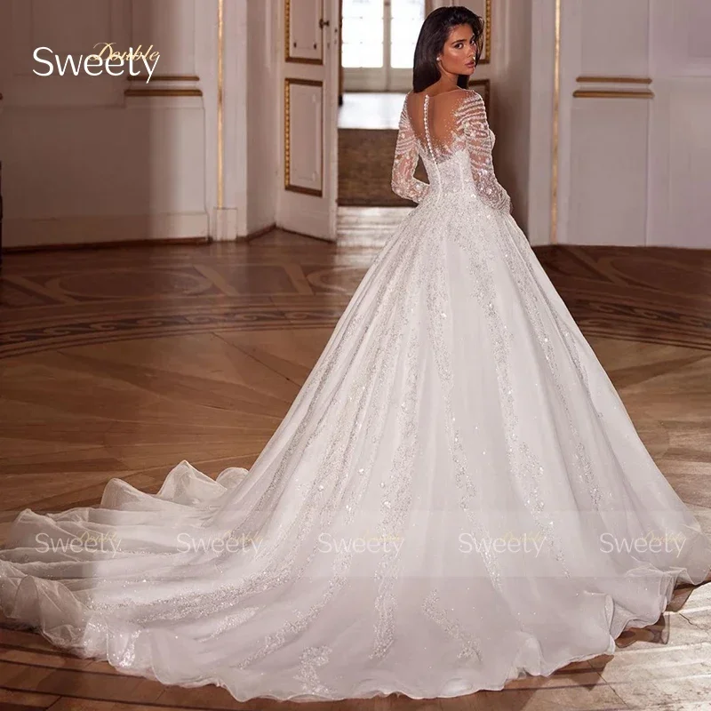 Luxurious Wedding Dress Embroidered Lace On Net With Sequins Ballgown O-Neck Full Sleeve Bride Button Robe De Mariee Customized