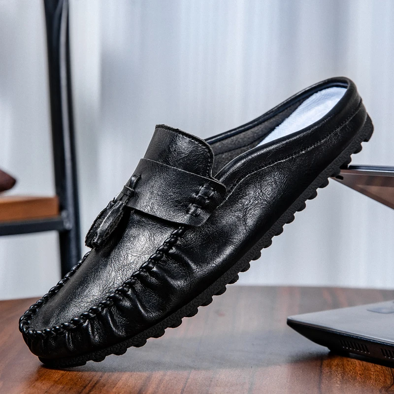 Summer Mules Men Shoes Large Size 45 46 Half Slippers Leather Backless Casual Shoes Loafers Slippers Lightweight Flats Sneakers