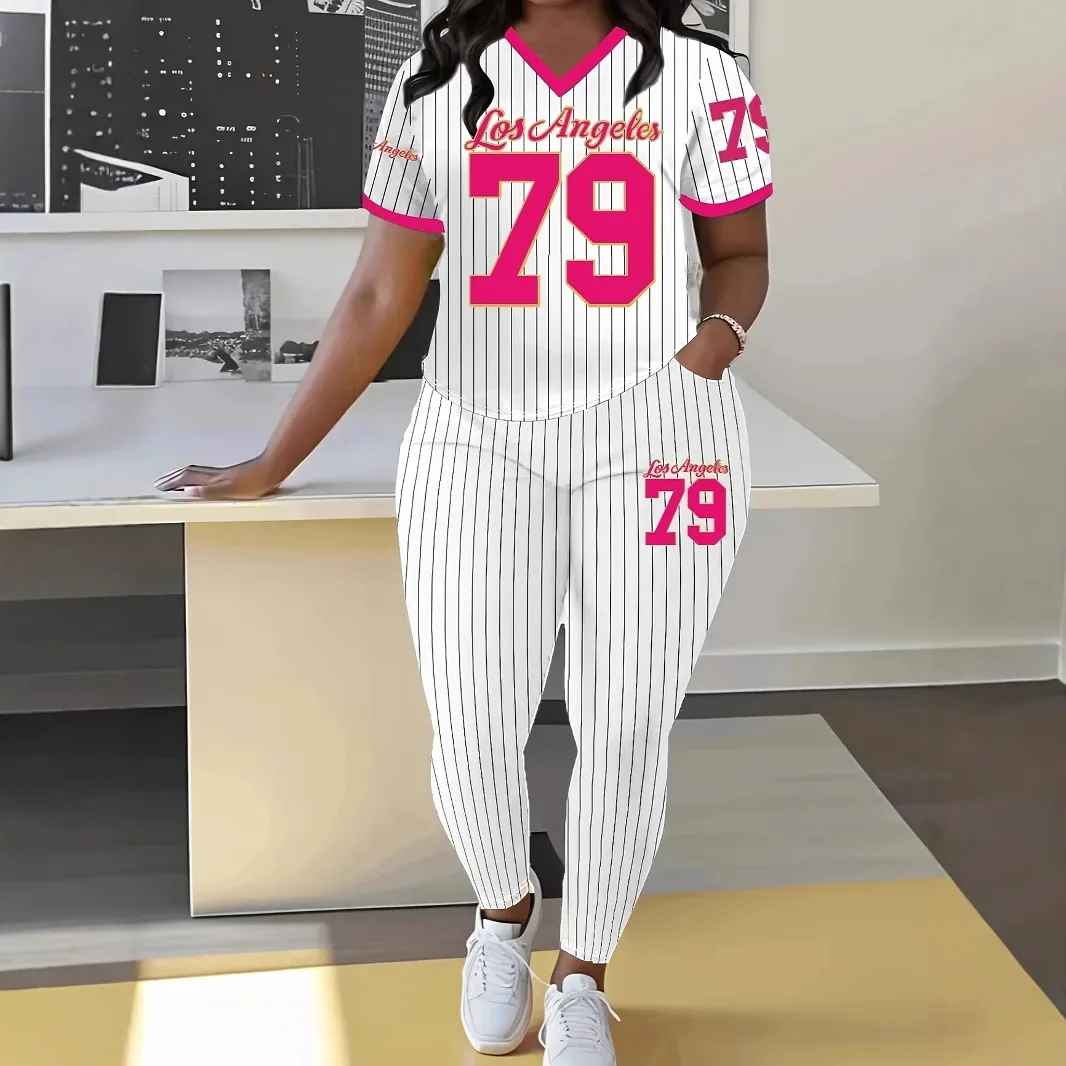 Modny Drukowany Top + Spodnie Dwuczęściowe Komplety Damskie Letnie Casualowe Joggersy Koszula z Dekoltem w Serek Legginsy Garnitur Dla Kobiet 2025