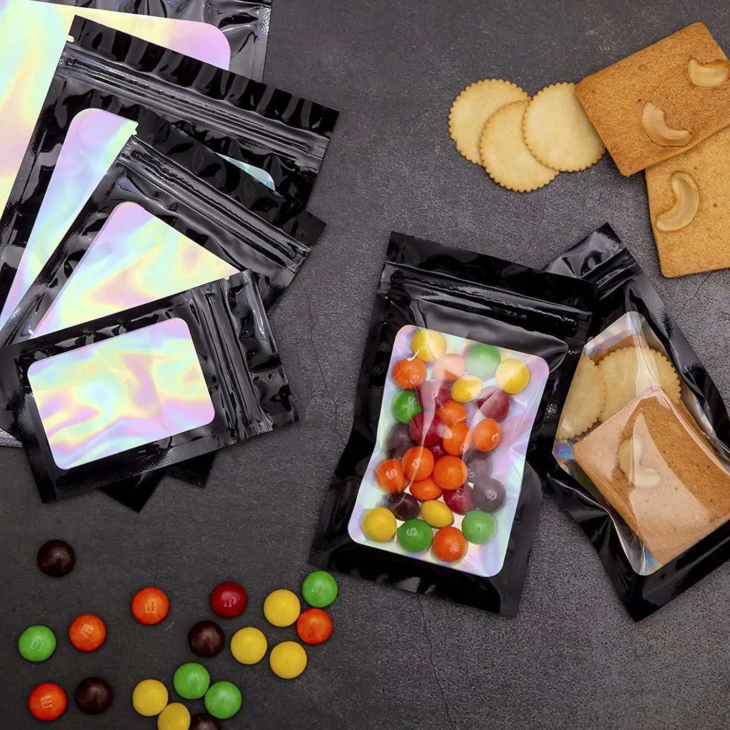 50pcs Black Holographic Laser Color Bag Plastic Ziplock Foil Pouches For DIY Jewelry Retail Storage Pouch Zip Lock Bags