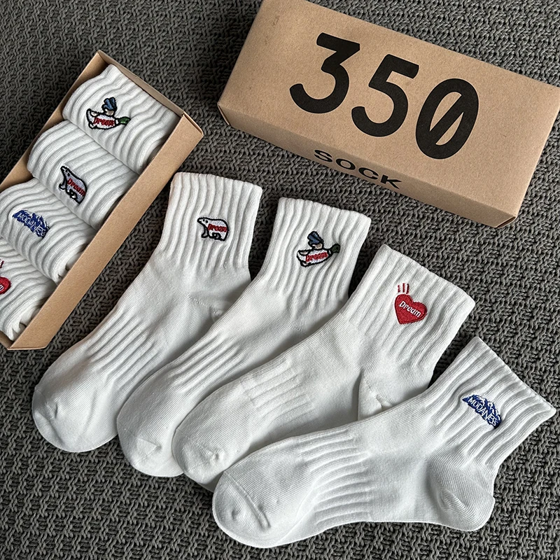 4 Paar Herrensocken Frühling Sommer Kurze Socken, Baumwolle atmungsaktiv, schwarz Trend Ins bestickt Anti-Geruch weiße Sportsocken – Detail 2