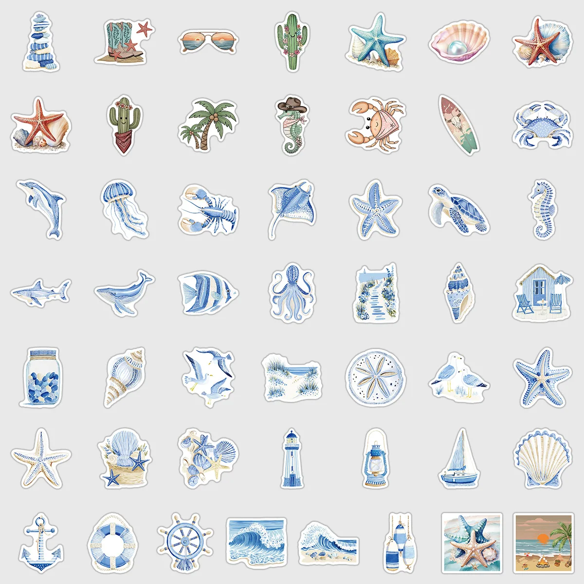 50PCS Cartoon Blue Ocean World PVC Stickers Aesthetic Decals for Scrapbooking DIY Laptop Luggage Skateboard Water Bottle Decor