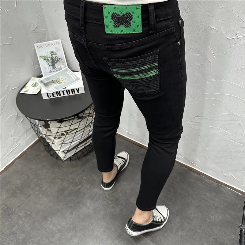 

Классические модные черные джинсы с эффектом потертости, эластичные, облегающие, укороченные, мужские, повседневные, летние, осенние, трендовые, удобные, дышащие