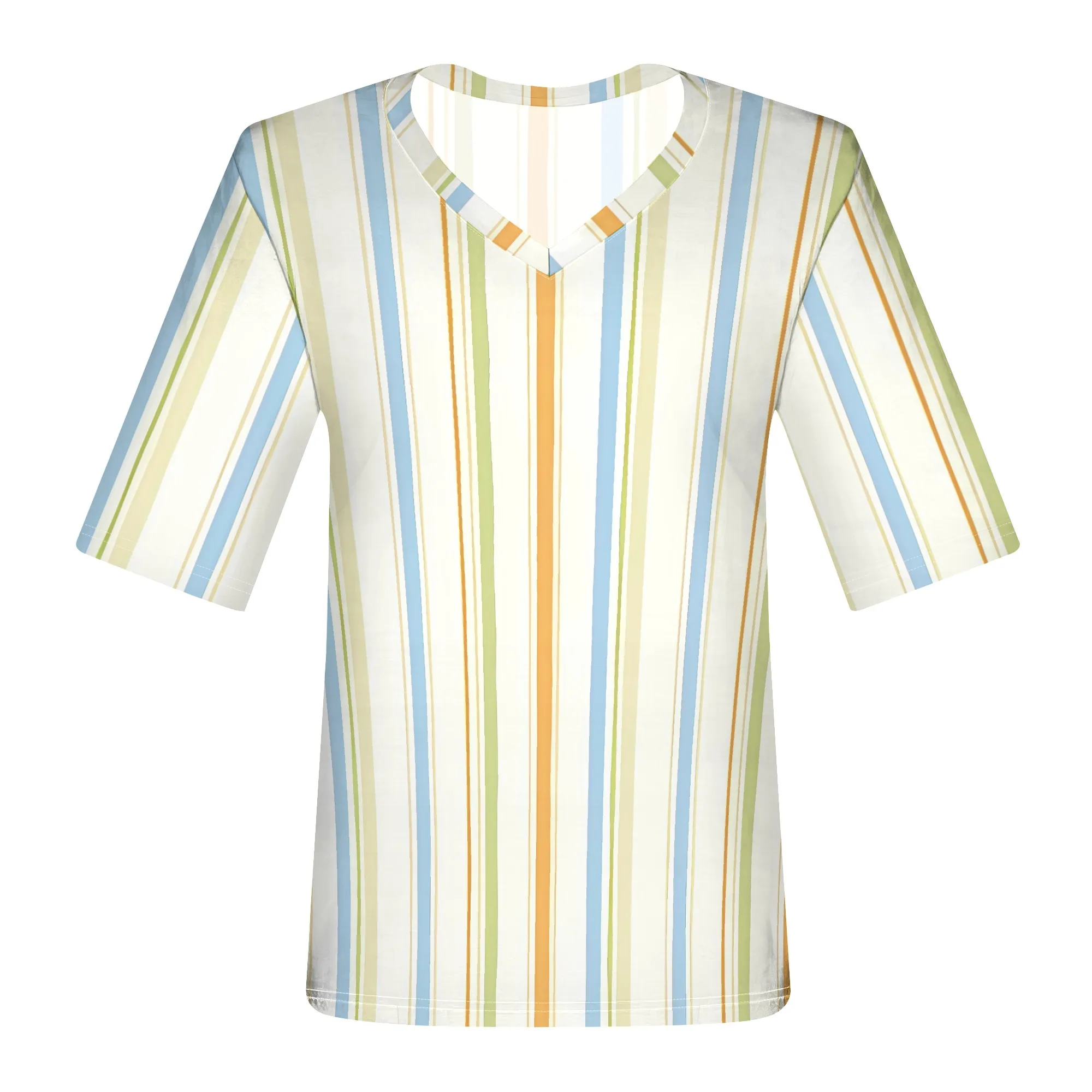 EQQZD Traditional Short Sleeve V-Neck T-Shirt Top, Stylish Simple Stripe Print T-Shirt, Casual Loose Tops for Women