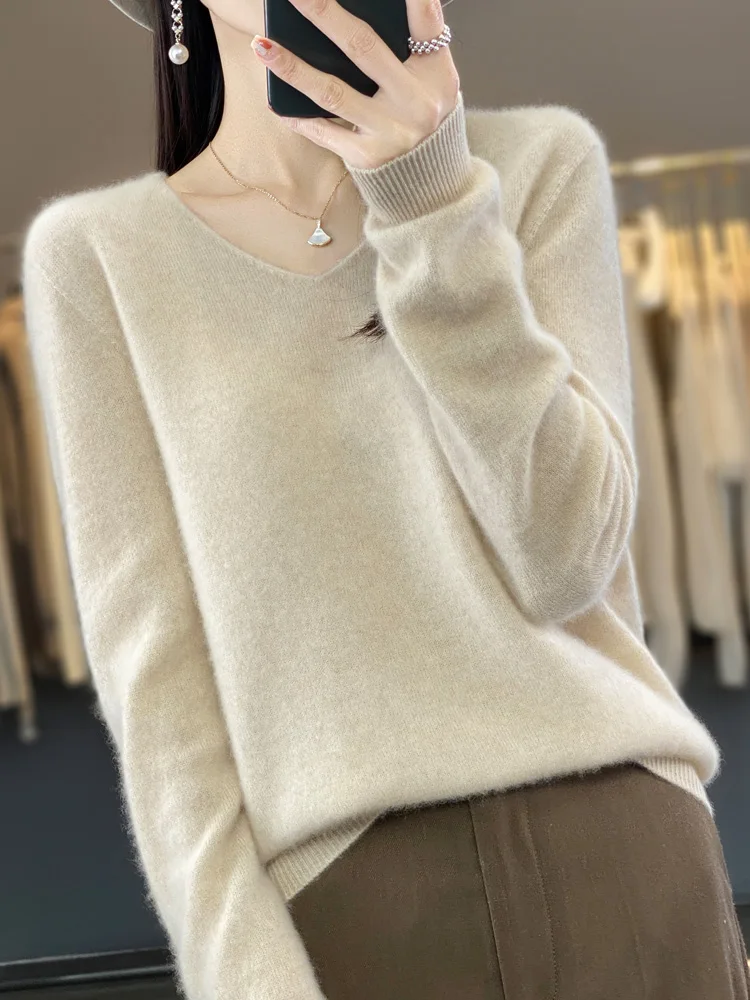 

Women V-Neck Sweater 100% Merino Wool Pullover Autumn Winter Long Sleeve Cashmere Knitwear Female Clothing Korean Fashion Tops