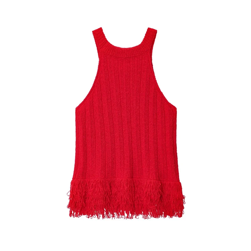 KEYANKETIAN Rompi Rajut Wanita Musim Gugur Terbaru, Kerah Bulat Tanpa Lengan dengan Hiasan Rumbai, Atasan Rompi Sweater Wanita