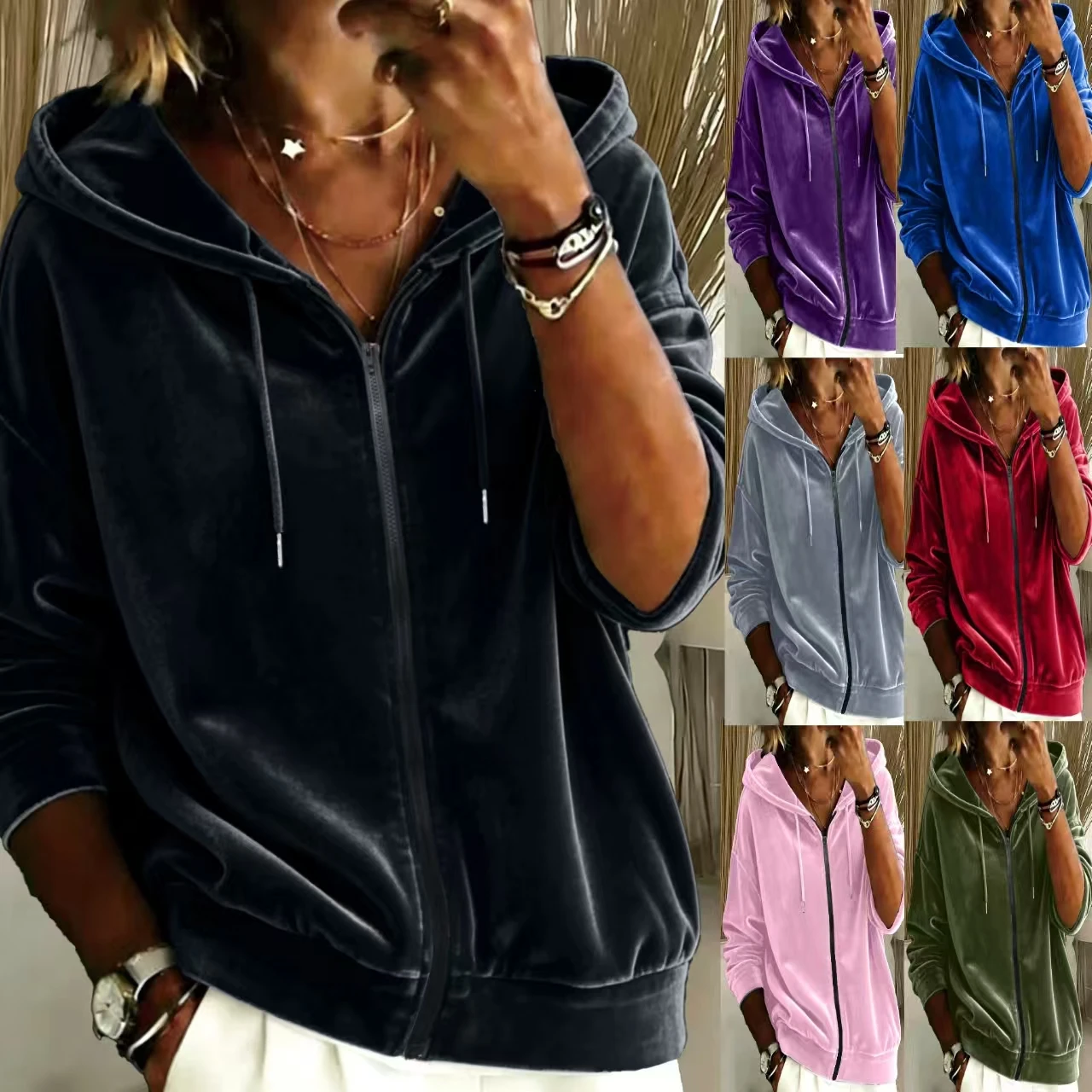 2026 Herbst Winter Neue Damen Freizeitjacke aus Samt mit Kordelzug, Kapuze und Reißverschluss, Langarm-Hoodie – Detail 2