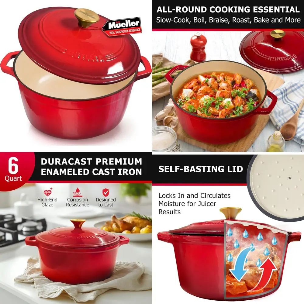 

Mueller 6 Qt Enameled Cast Iron Dutch Oven, Heavy-Duty Casserole Dish and Braiser Pan with Lid and Stainless Knob, Safe for All
