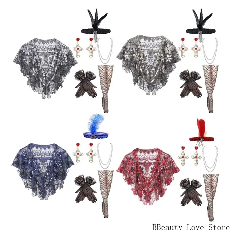 

Roaring 20s Women's Evening Dress Shawl Wrap Set Includes Beaded Neckchain Vintage Jewelry for Themed Event