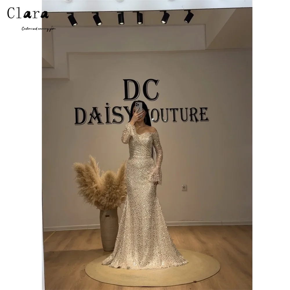 

Clara Custom Shiny Fishtail Long Sleeves Off the Shoulder Elegant Party Dresses for Women Luxury Evening Dresses Wedding Dress