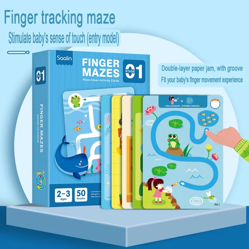 Saalin-Advanced Finger Maze Wipe-Clean Atividade Cartões para Crianças, Brinquedos Educativos, Concentração e Pensamento Jogo de Tabuleiro, Baseado na Idade