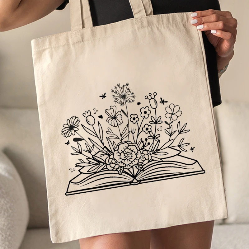 1pc Books Floral Pattern Canvas Bag Trendy Women Tote Bags Books Storage Travel Storage Clutch Gift for Her High-capacity Case