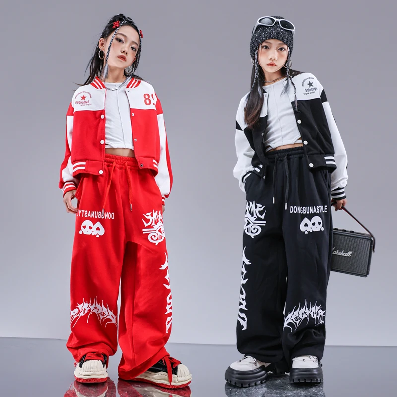 Kids Kpop Street Hip Hop Clothing Red Short Baseball Jacket Tops Casual  Sweat Pants for Girls Jazz Dance Costumes Stage Clothes