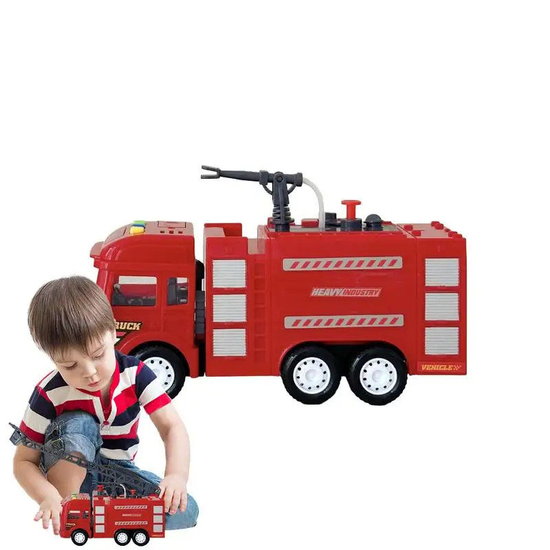 Caminhão de bombeiros de brinquedo para meninos e meninas, bomba de água de trabalho, motor de caminhão de bombeiros vermelho com luzes de escada, sirenas realistas para meninos e meninas