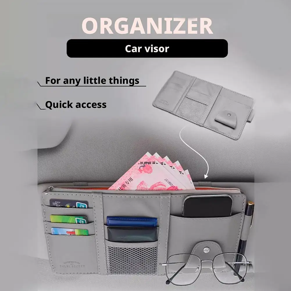 Organizador multifuncional para parasol de coche, gafas de cuero PU, billete con cremallera/tarjeta de visita/bolsa de identificación sin bloqueo de visión para SUV/T B0V2