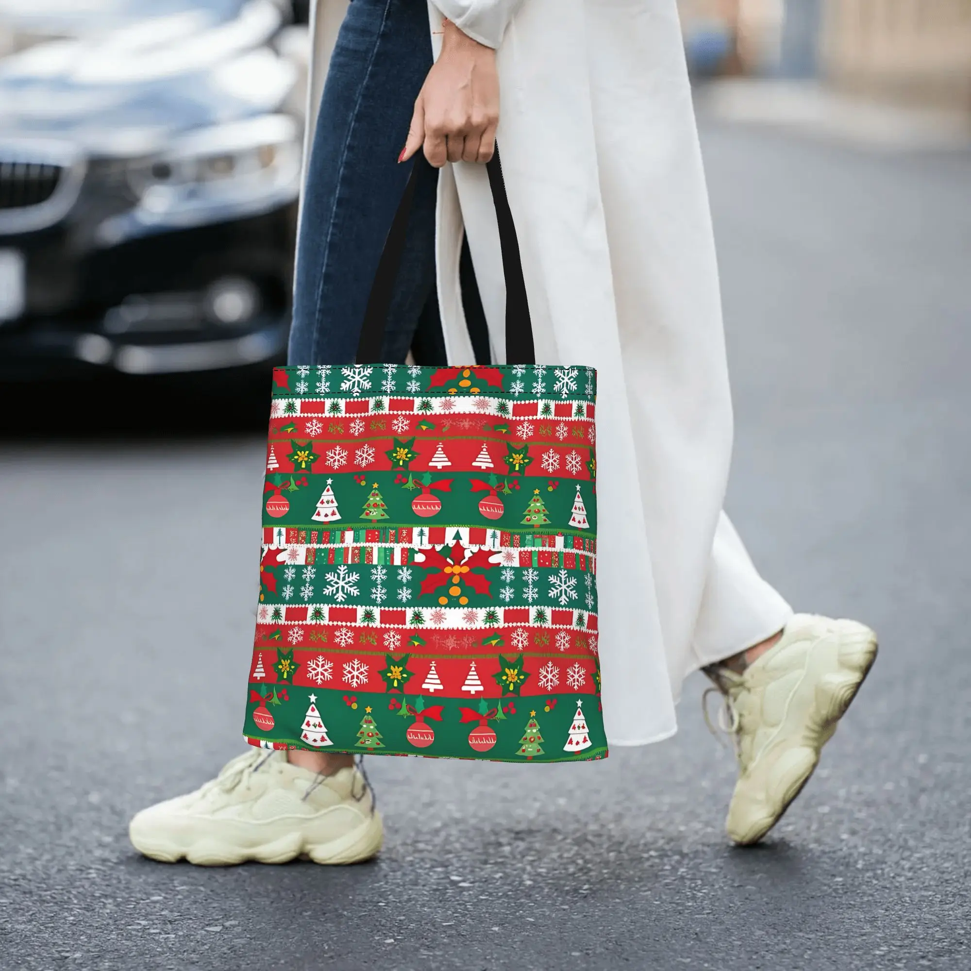 Customized Christmas themed patterns Women's Bag Shopping Bag Reusable Double Sided Canvas Tote Bag Shoulder  Handbag