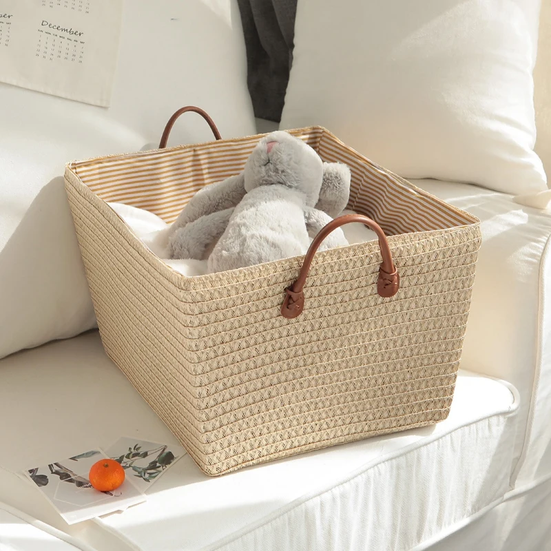 

Nordic Sundries Storage Boxes Clothes Laundry Basket with Handle Solid Color Woven Toys Storage Basket Snacks Books Organizer