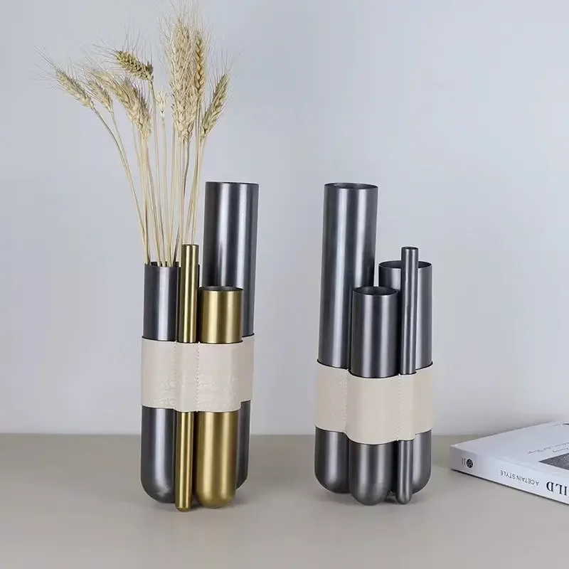 Modern light luxury stainless steel metal geometric creative leather flower ware model room sales office coffee table desktop fl