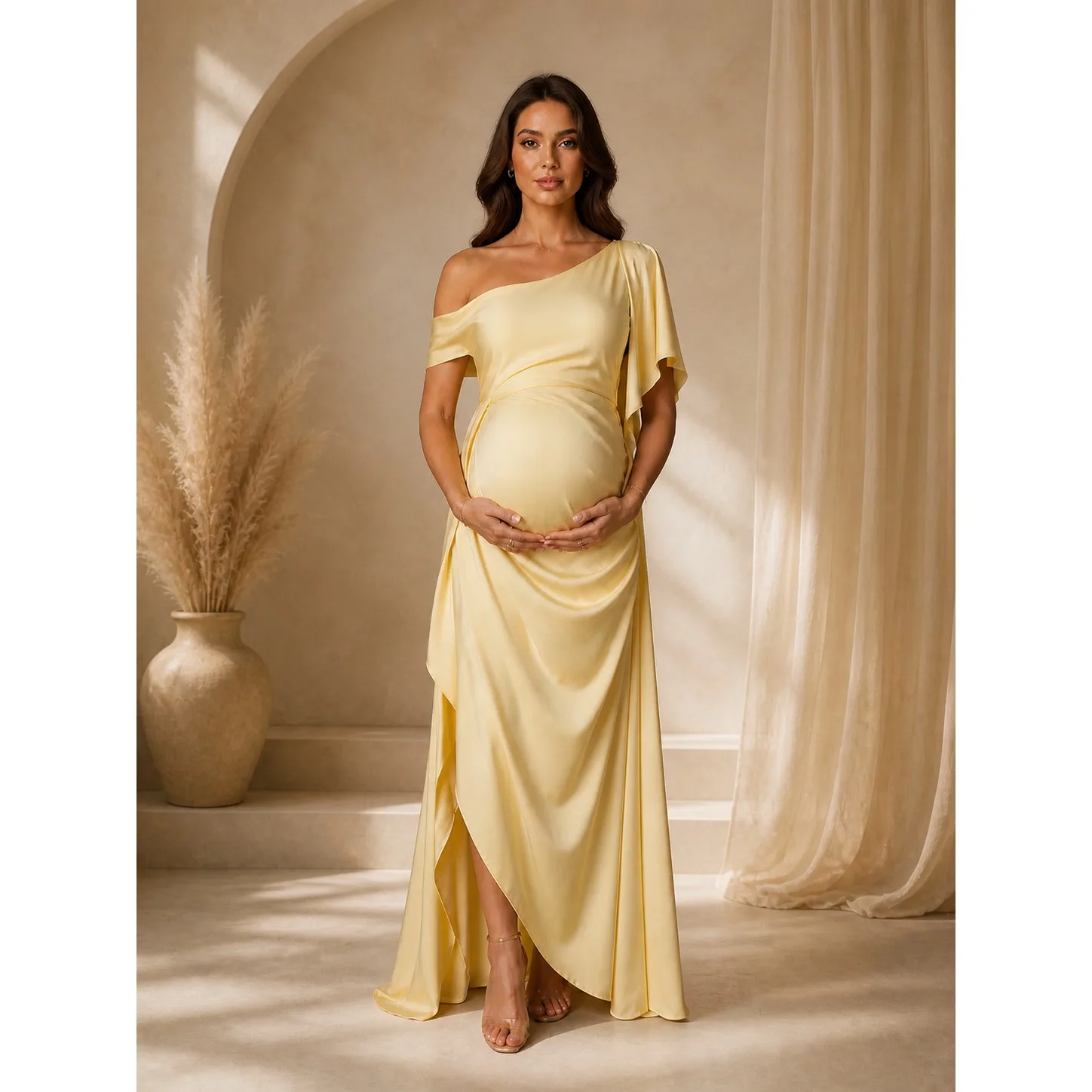 Pastel Yellow Maternity Baby Shower Dress One Shoulder Flutter Sleeve Gown ZX012