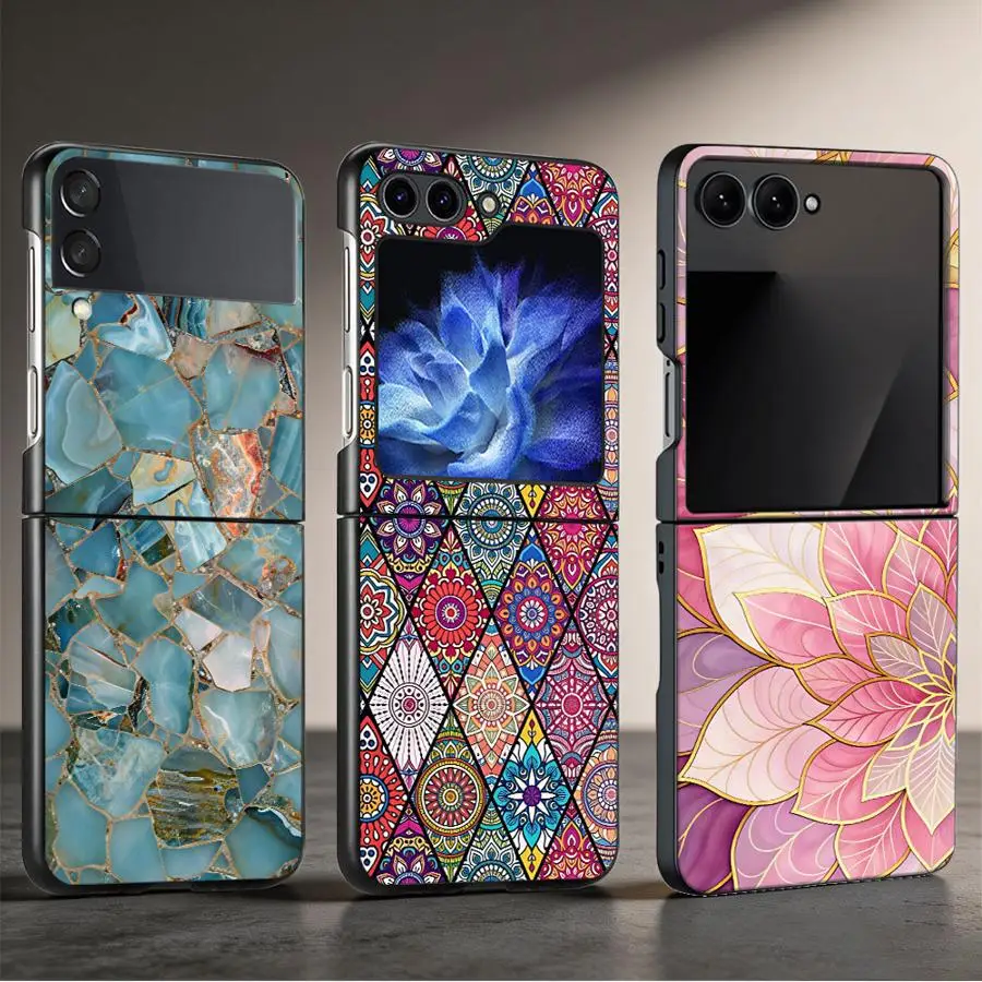 Phone Shell Case for Samsung Galaxy Z Flip 8 Z Flip6 Z Flip4 ZFlip7 FE ZFlip8 Z Flip 7 6 5 4 Z Flip5 Lotus Motif Marble