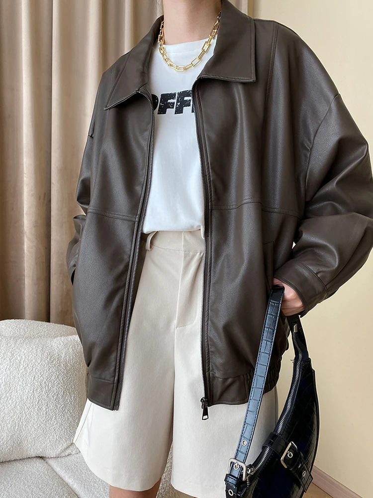

Loose Fit PU Leather Black Brown Big Size Jacket New Lapel Long Sleeve Women Coat Fashion Tide Spring Autumn X738