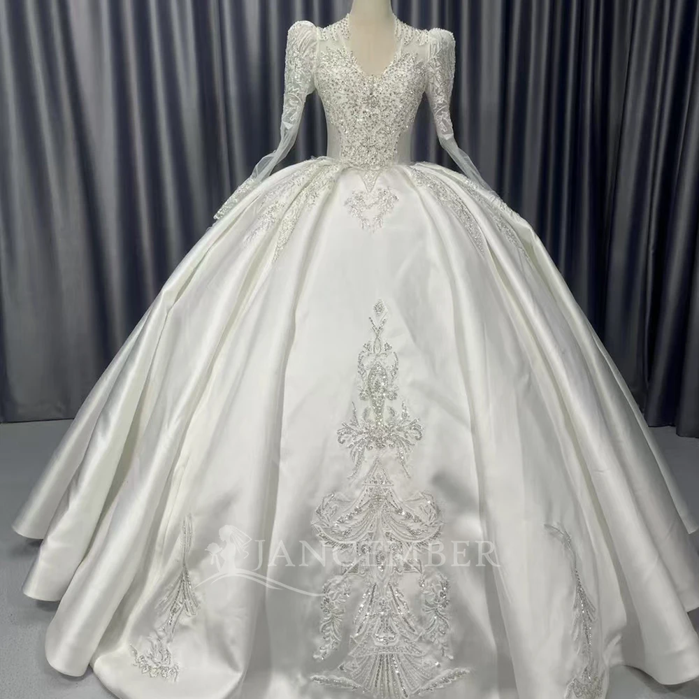 

Customized Luxurious Wedding Dress Satin With Bead Princess Ball Gown V-Neck Lace Up Back Bride Dress Vestido de novia 2025