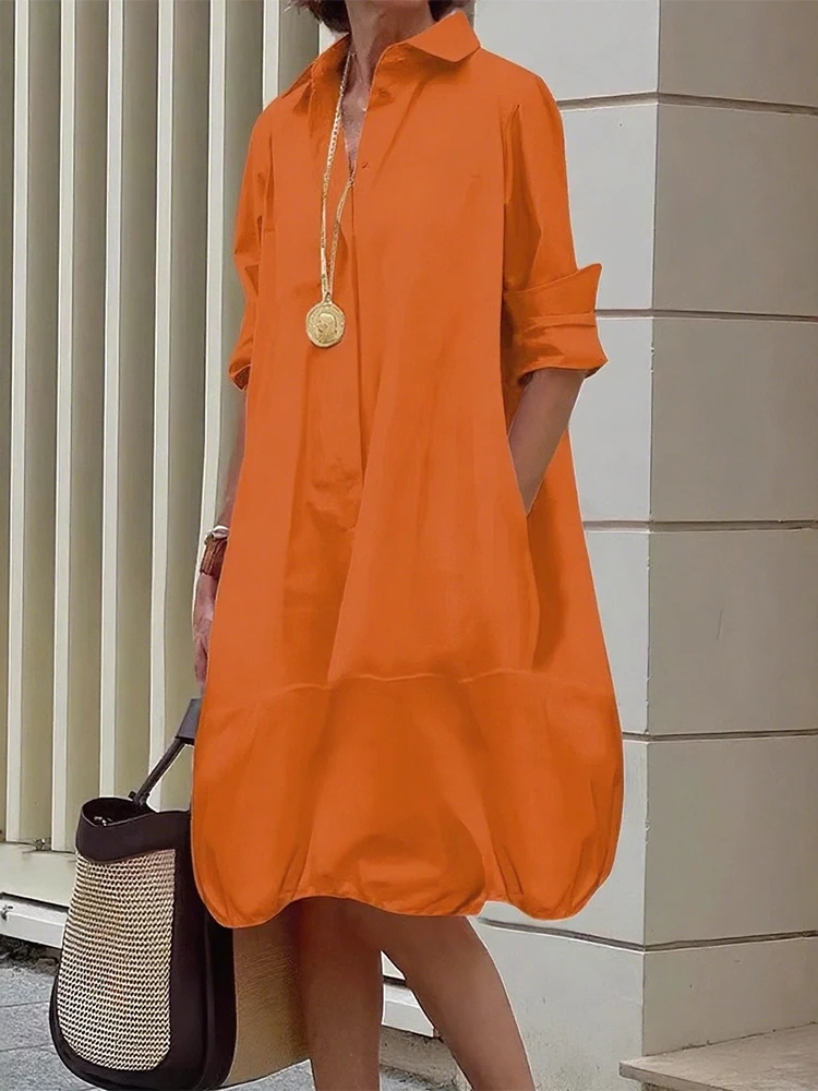 Chemises pour femmes robe bureau trajet robes mi-longues printemps élégant couleur unie Simple col à revers ample mode dames chemise hauts