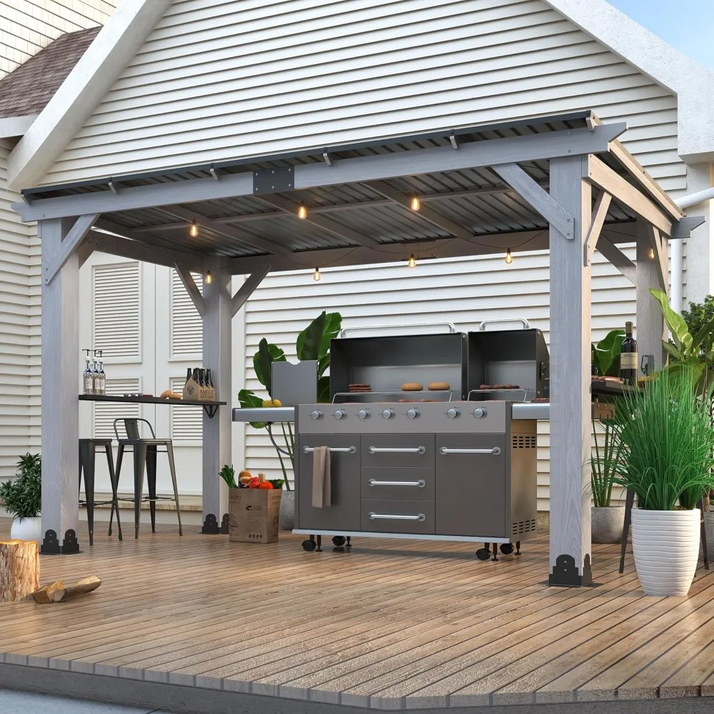 

12.5'x6.5' Outdoor Grill Gazebo, Hardtop Cedar Wood Gazebo with 2 Side Shelves and Galvanized Steel Roof, Patio Wooden