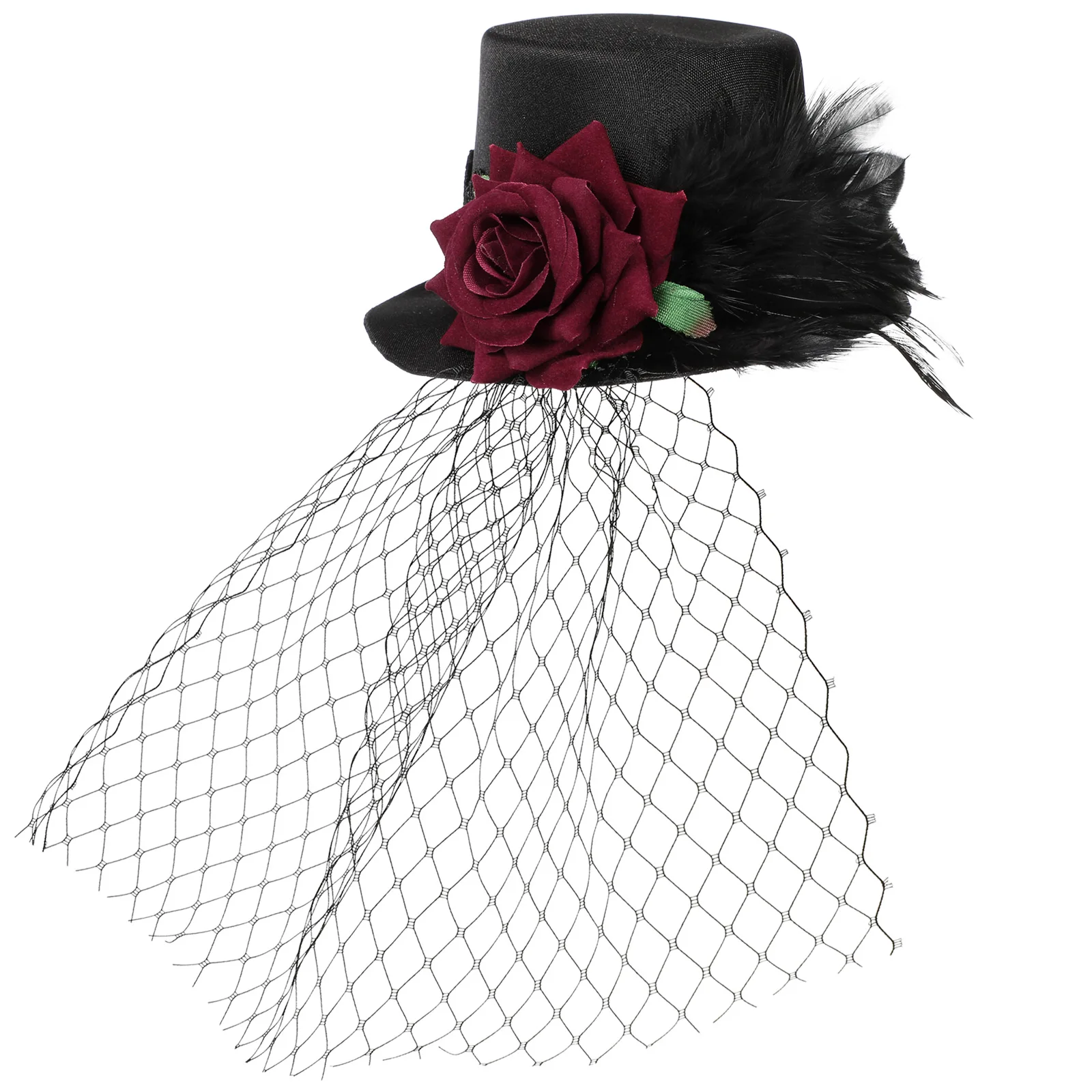 

Vintage Style Red Rose Mesh Small Hat Halloween Party Decor Hairpin Satin Cloth Clip Elegant Hairpins