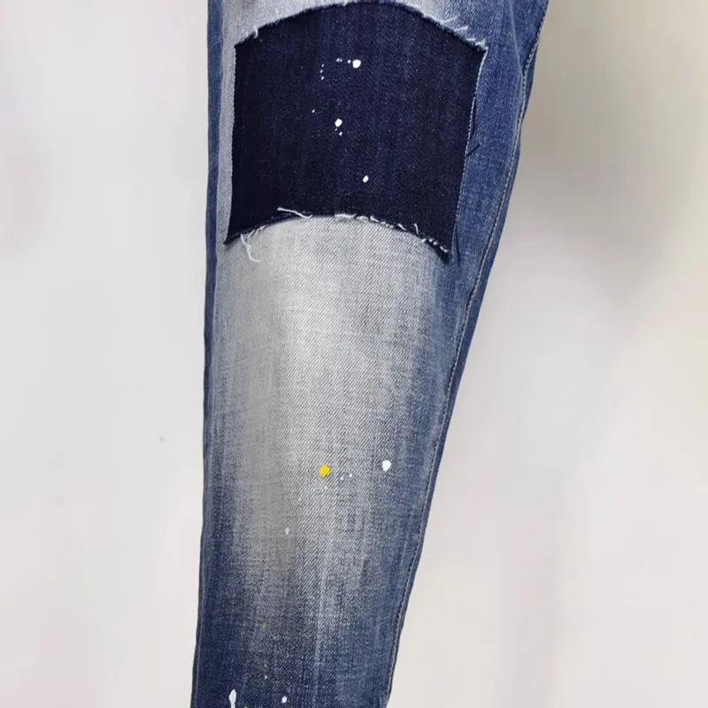 Men Deep Blue Washed Ripped Skinny Jeans Mid Waist With Patch Splatter Paint Stretch Slim Fit Denim Casual Long Trousers