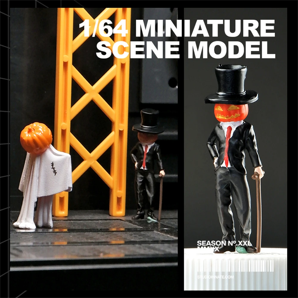 Kicarmod 1/64 Scale Model Figurine the Halloween Mr Pumpkin and Miss Ghost in Scale Diecast Model Car with Mini Ornaments