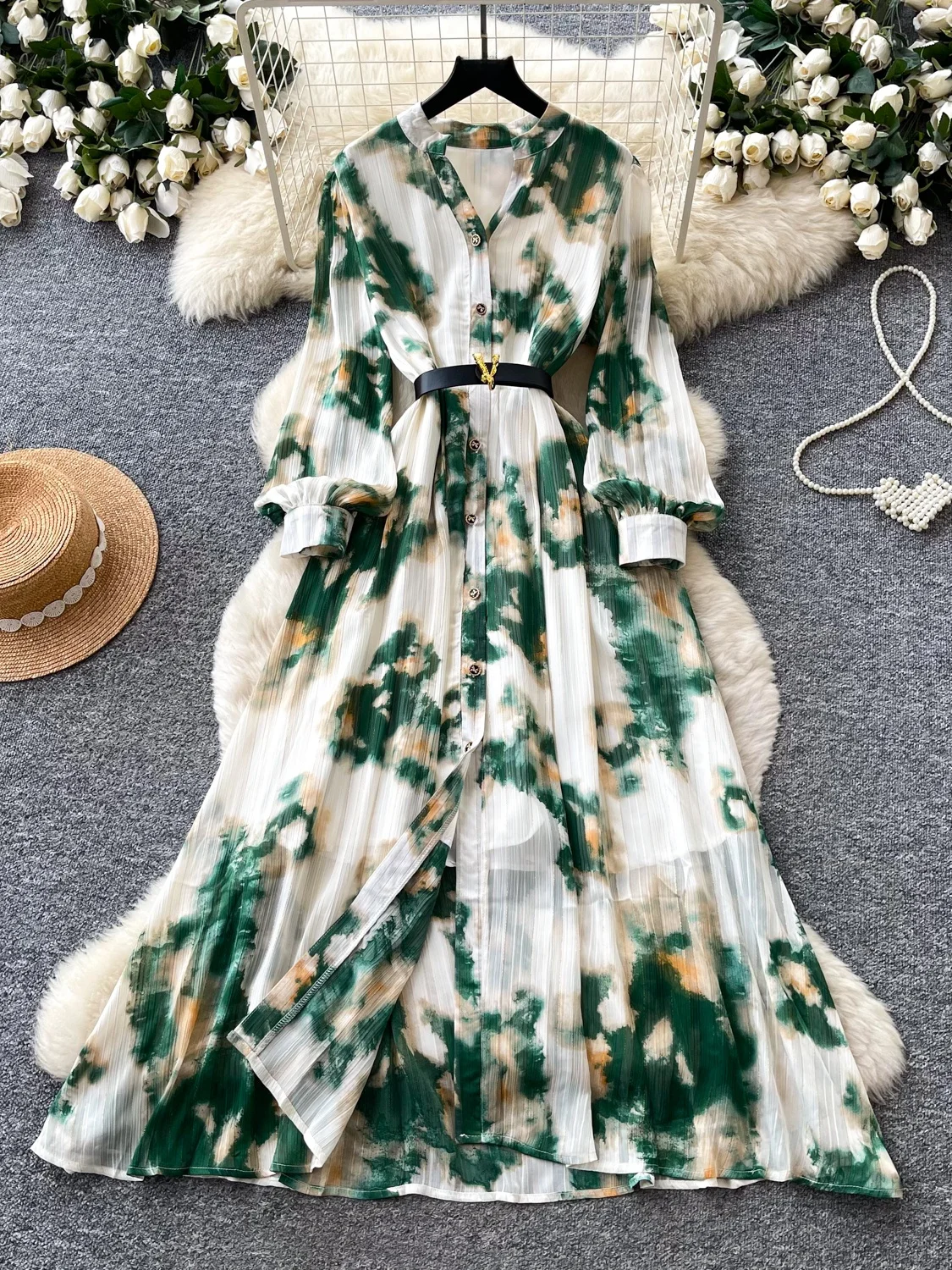 

Elegant V-neck Long Sleeve Print Dress Women's Spring Autumn Slimming Waist Cinched Holiday Style A-line Dress