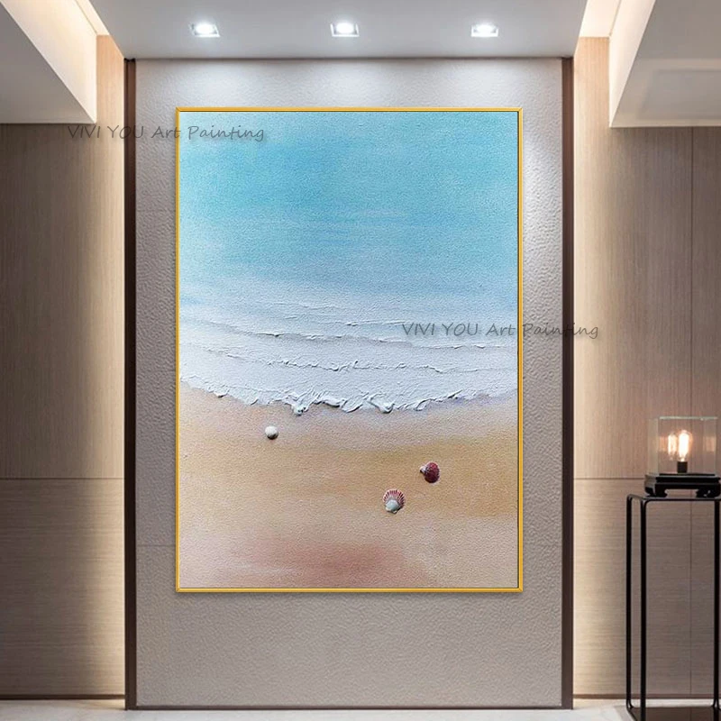 100% Hand Painted 3D Shell Beach Impasto Oil Painting, Palette Knife Thick White Wave Vertical Canvas Coastal Entry Wall Art