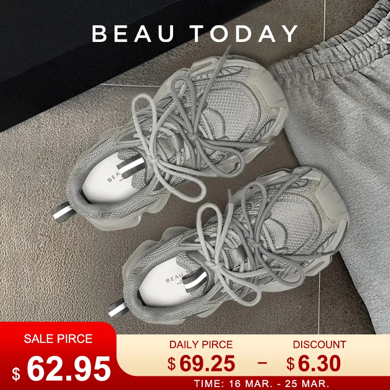 Women's Chunky Sneakers - Lace-Up Mesh and Synthetic Leather Trainers