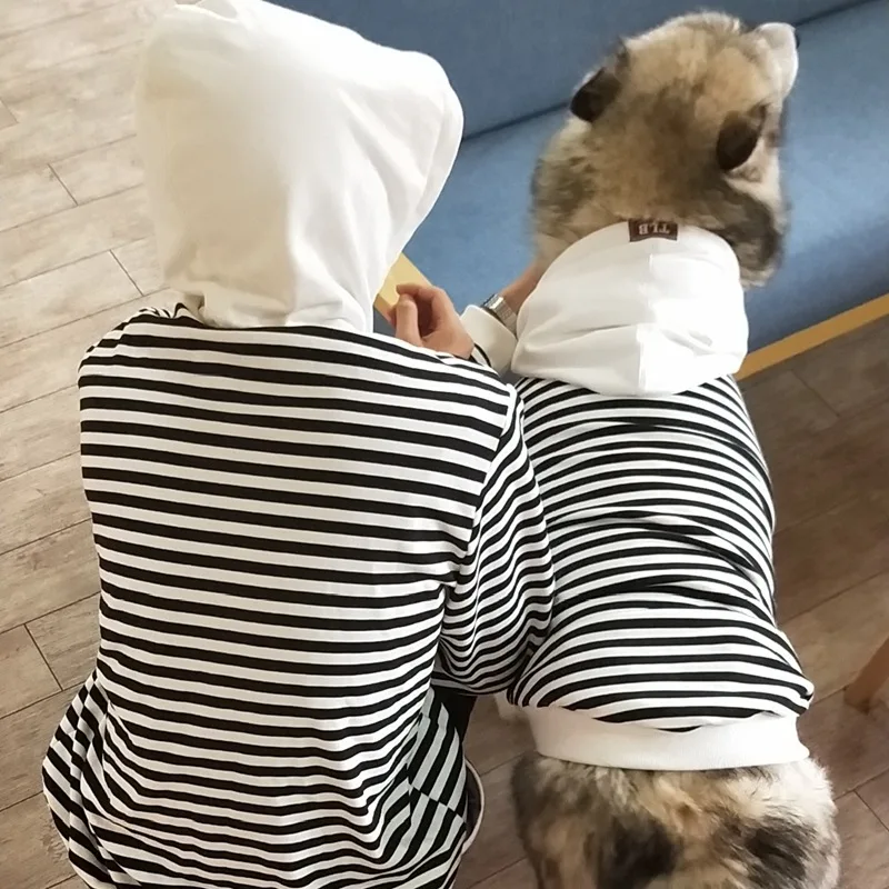 Vêtements assortis pour propriétaires d'animaux de compagnie, vêtements polaires pour animaux de compagnie, à capuche, parent-enfant, à rayures, Teddy français, petit chien et chat