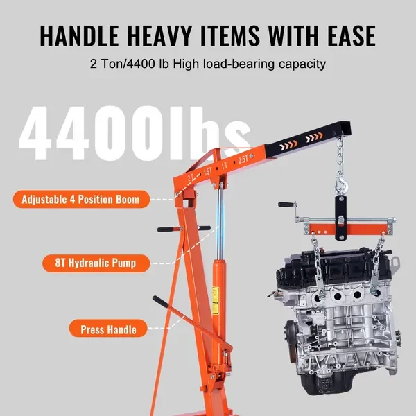 VEVOR Hydraulic Engine Hoist with Lever, 2 Ton/4400 LBS Heavy-duty Cherry Picker Shop Crane, Foldable Engine Crane and Engine Ho