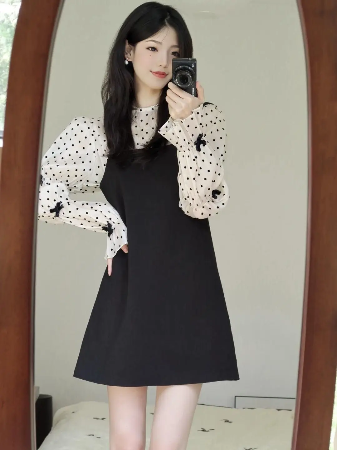 Gagarich Fashion Korean Style Outfit Niche Polka Dot Flared Sleeve Shirt Black A-line Vest Camisole Dress Autumn Two-piece Set