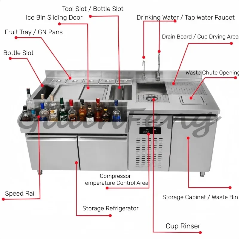 Mobile Bar Bartender Station, 201 Stainless Steel Sink & Glass Washer for Nightclub Cocktail Preparation