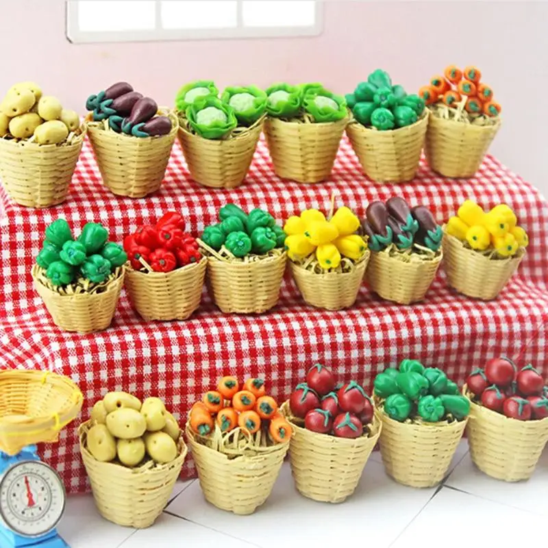 1:12 Mini Simulation Artificial Fruits and Vegetables Doll House Vegetable Bamboo Basket Miniature Accessories for Children