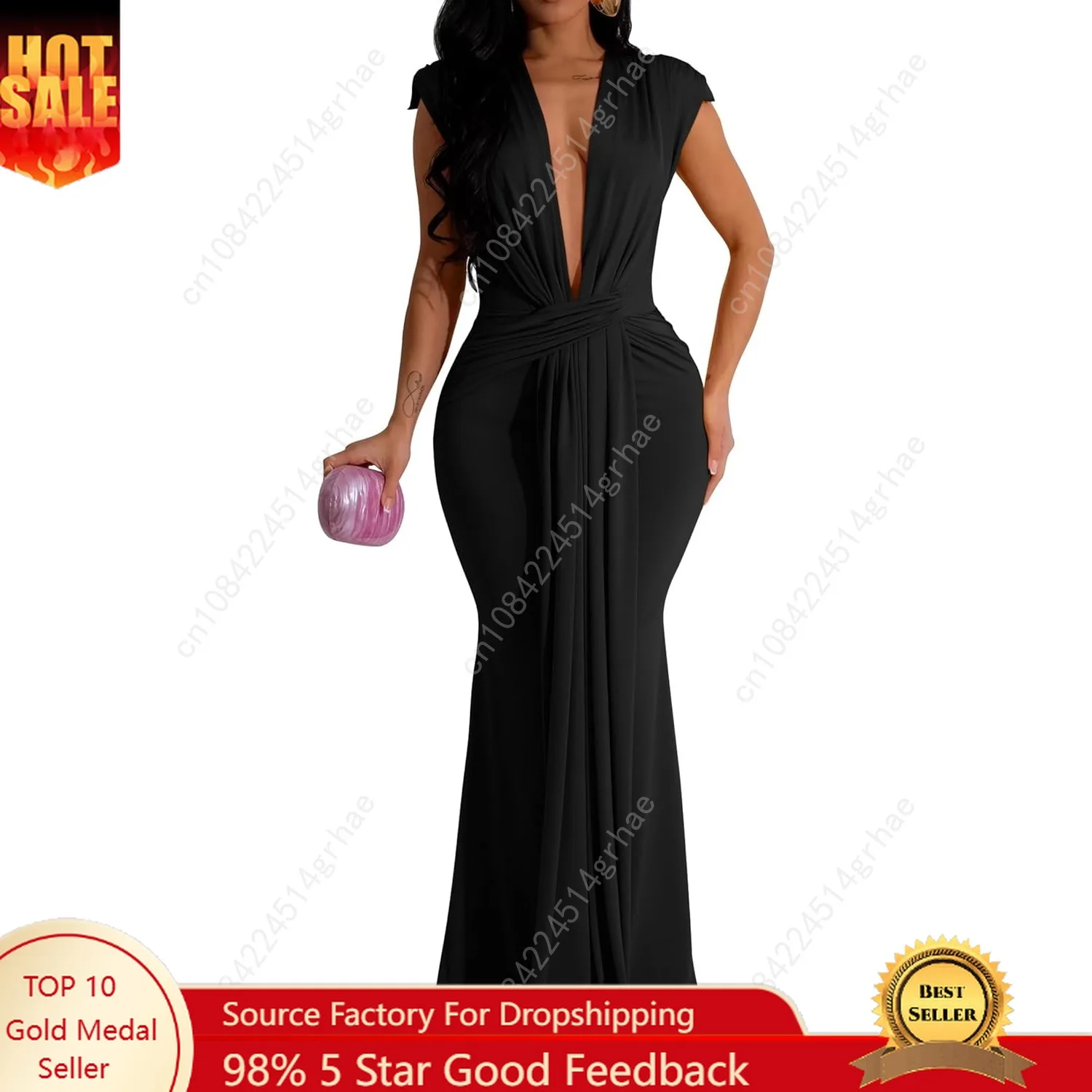 

Women's Elegant Sleeveless Deep V Neck Bodycon Party Evening Gown Maxi Dress