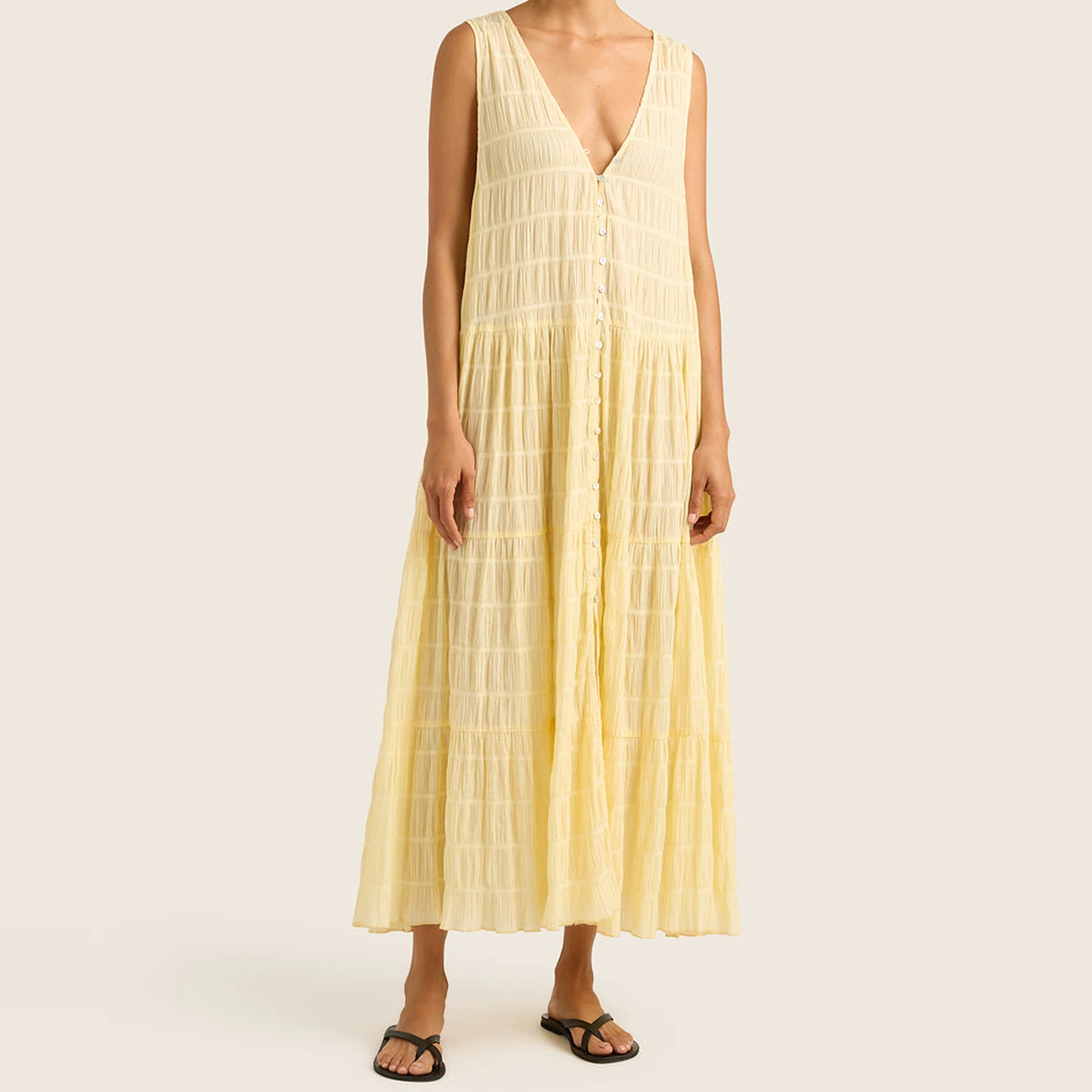 Combhasaki femmes été décontracté coupe ample boutonné col en v profond froncé Plaid a-ligne débardeur longue robe de soirée vêtements de plage