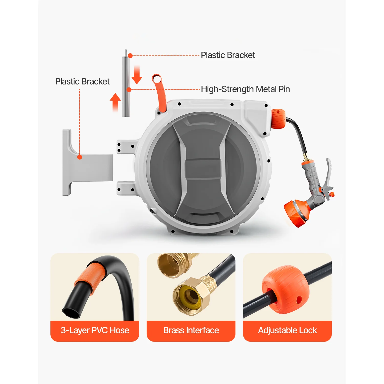 Retractable Automatic Rewind Plastic ABS Garden Hose Reel Wall Mounted Portable Adjustable For Yard Car Wash