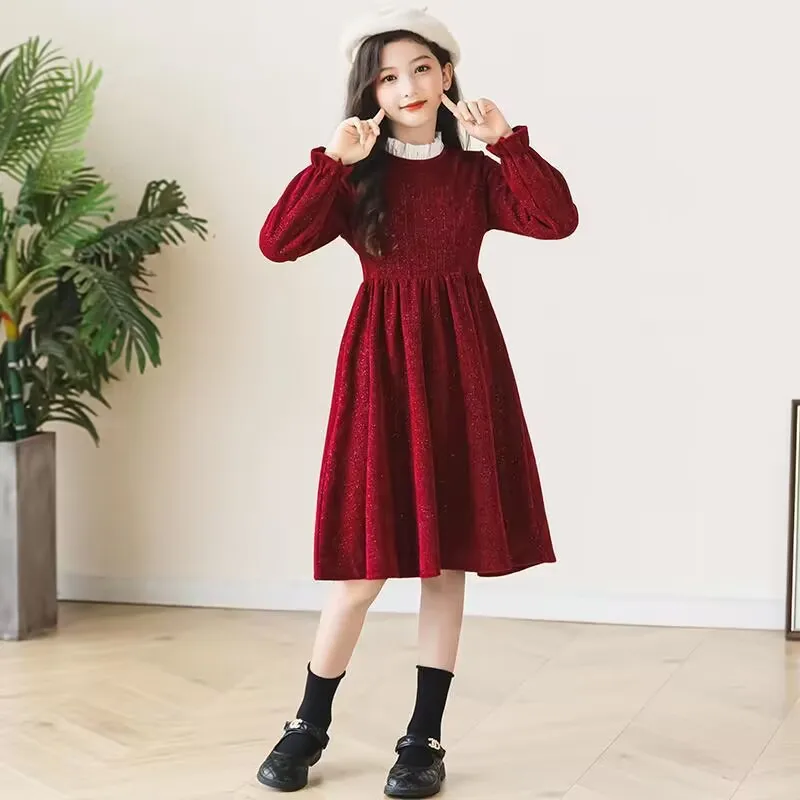 2023 autumn winter Kids Girls solid wine red Princess Teens New Year Dresses Clothes pattern pleated skirt mesh lace collar 4 12