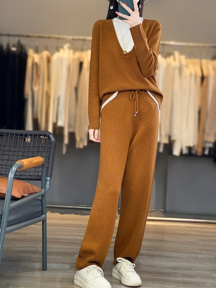 

Women's matching set 100% Merino wool U-neck sweater casual color blocked knitted pants pocket 2-piece set loose women clothing