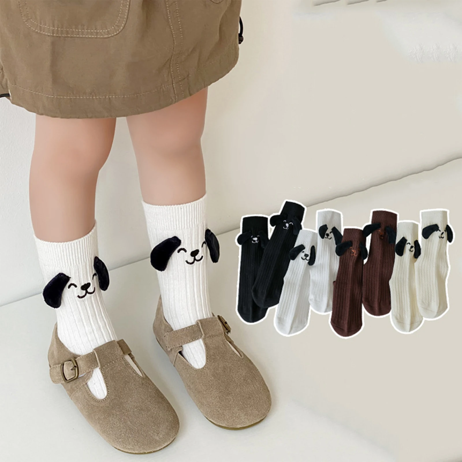 G Kids Mid-Calf Socks with Cartoon Puppy Dog Ear Design Girls Cute Children Socks Soft Breathable Cotton Girls Calf Socks