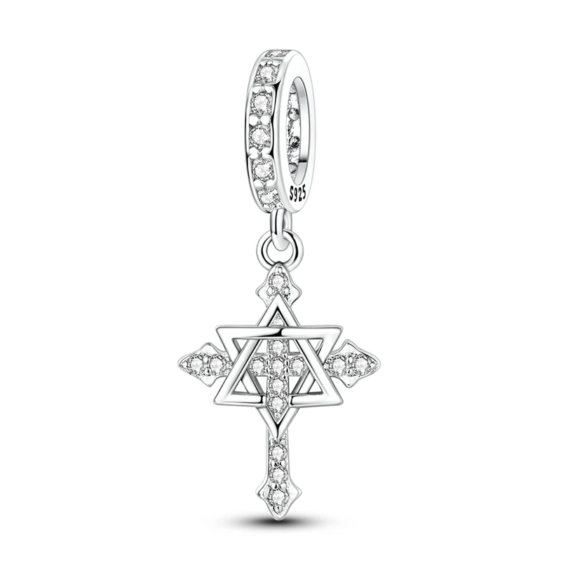 New 925 Sterling Silver Hexagram Cross Charms Bead CZ Zircon Dangle Fit 3mm Original Bracelet DIY Women Party Jewelry