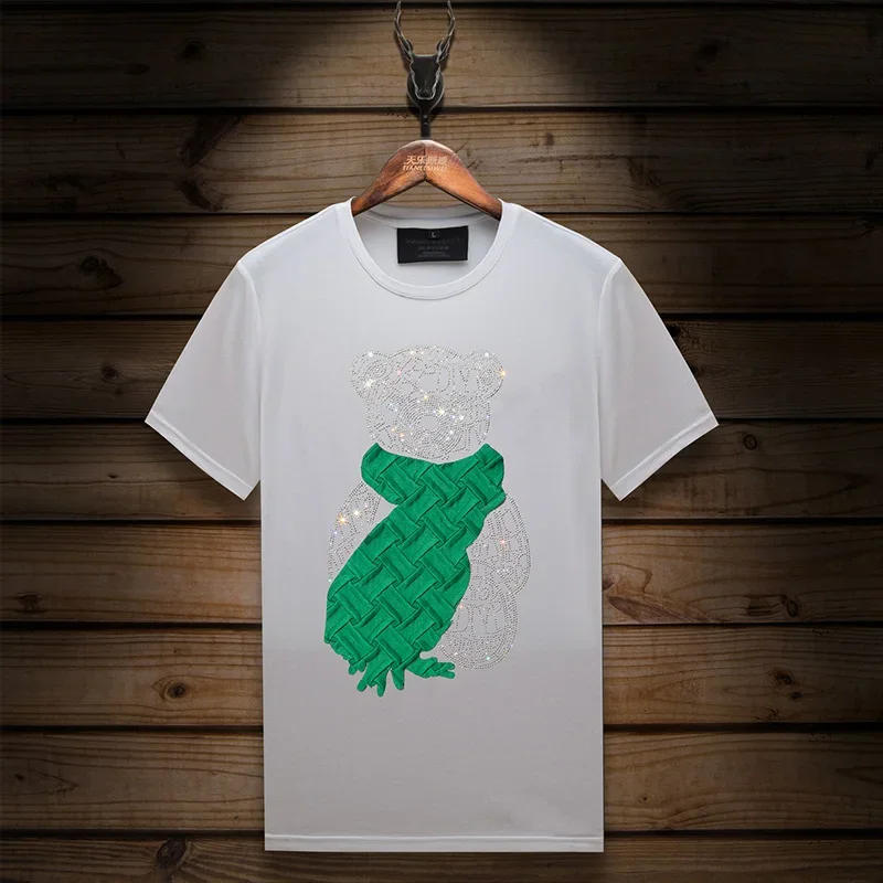 2024 Fashion Bear Rhinestones T Shirt for Men Summer Clothes High Quality Short Sleeve O Neck Casual Slim T-shirts Plus Size 6XL