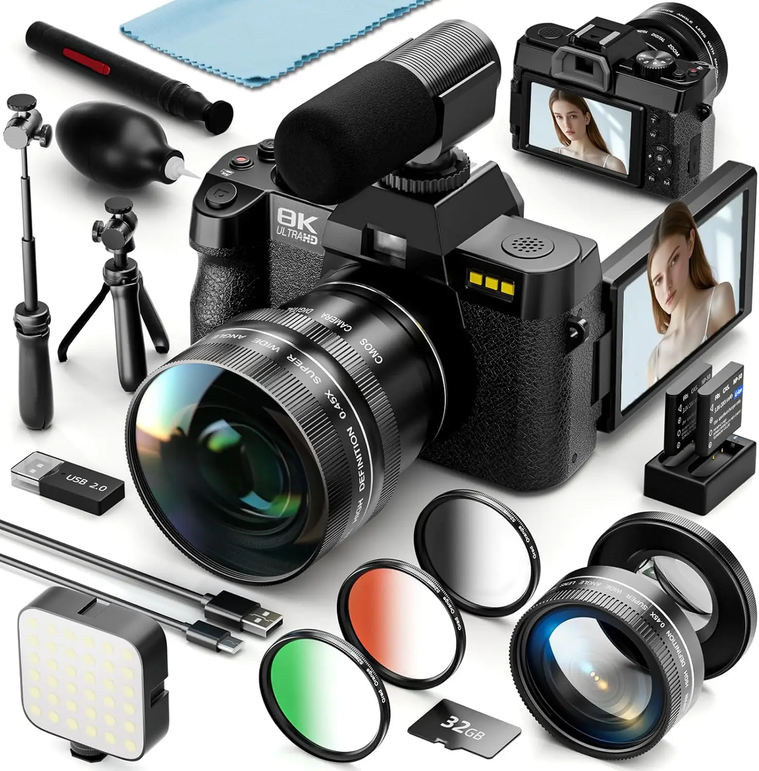 Digital Camera 8K 64MP for Photography, 16X Zoom, 180° Flip Screen, WiFi, Microphone, Tripod, Wide & Macro Lens Kit, 2 Batteries, 32GB TF Card, 3 Color Filters - Vlogging and Travel Camera for Beginners